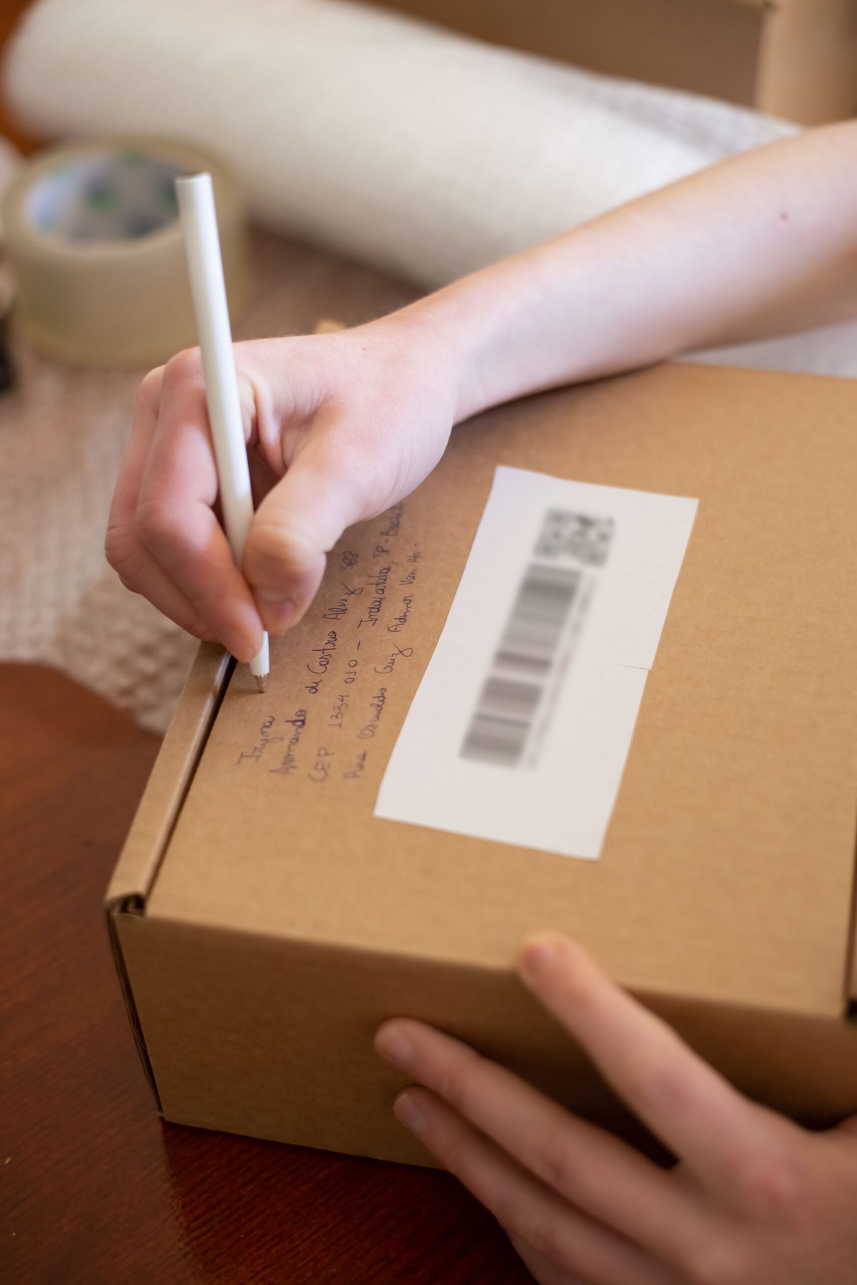 Hands preparing a shipping label on a carton